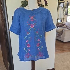 Umgee Blue Blouse with Floral Embroidery